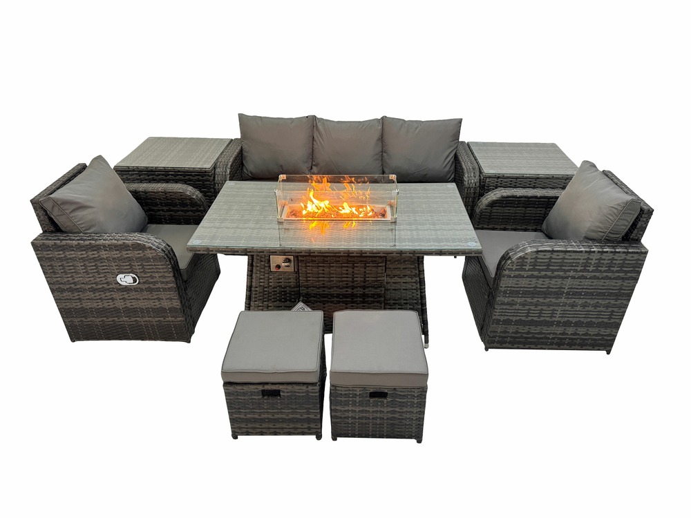 Ensemble de meubles de jardin en polyrotin table de foyer à gaz intérieur extérieur avec 2 tables d'appoint fauteuil tabouret