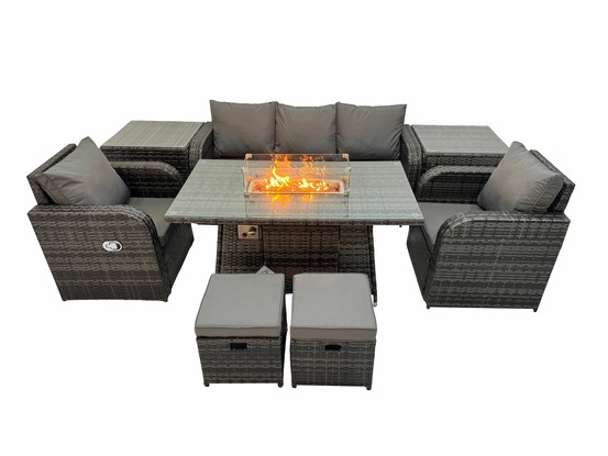 Ensemble de meubles de jardin en polyrotin table de foyer à gaz intérieur extérieur avec 2 tables d'appoint fauteuil tabouret