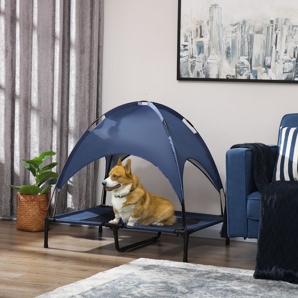 Lit surélevé pour chien acier oxford bleu noir extérieur avec auvent pliable anti-uv et pieds antidérapants
