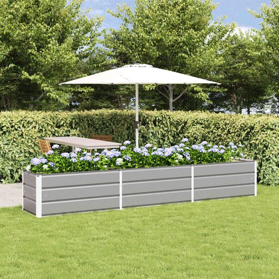 Jardinière rectangulaire acier galvanisé grande longueur pour jardin 290x50x45 cm gris clair