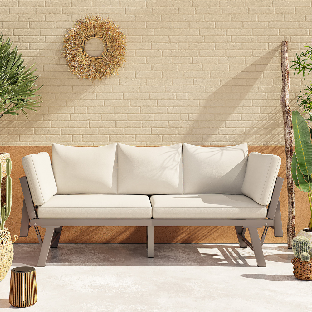 Canapé de jardin 3 places, inclinable et avec accoudoirs rabattables, beige, pour jardin et terrasse