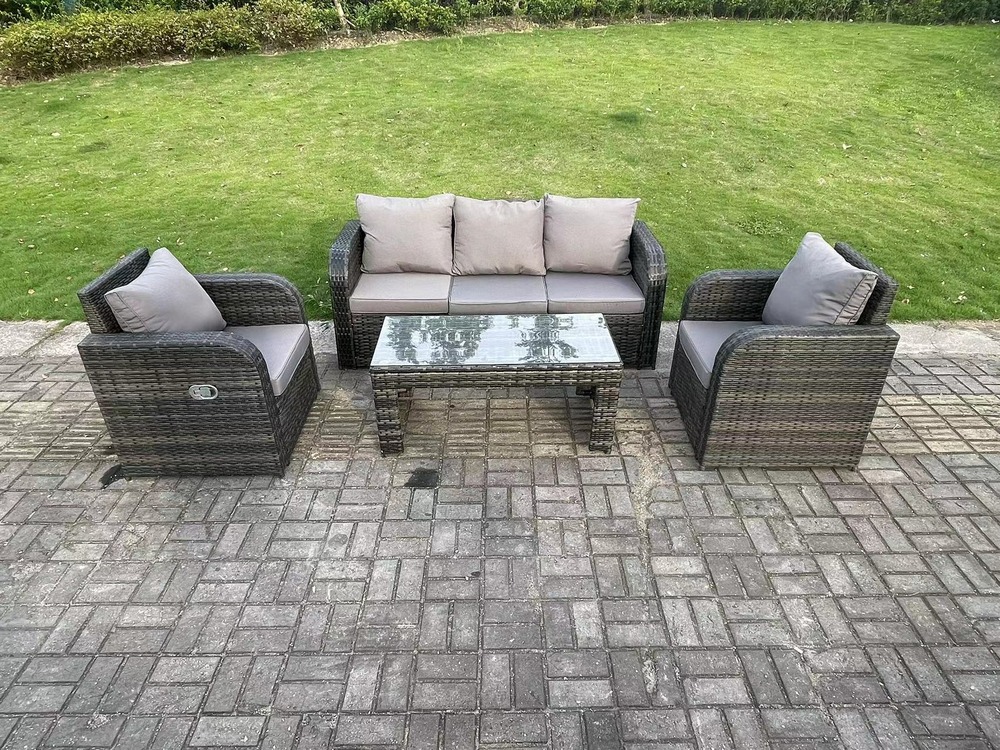 Ensemble de meubles de jardin en rotin ave canapé table basse chaises inclinable mélange gris foncé