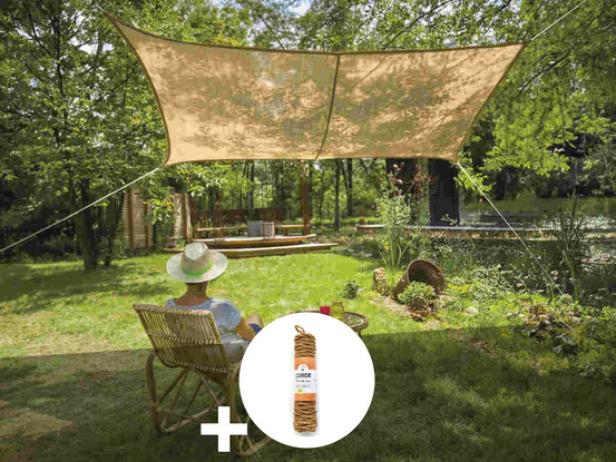 Voile d'ombrage naturelle jute rectangulaire 3 x 2 m + 1 corde fibre de coco 12