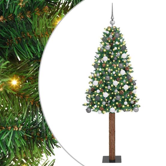 Sapin de noël artificiel 210 cm prêt à l'emploi, format élancé avec éclairage led et boules