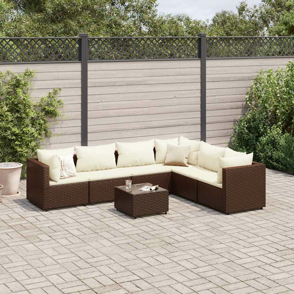 Salon de jardin avec coussins 7 pcs marron résine tressée