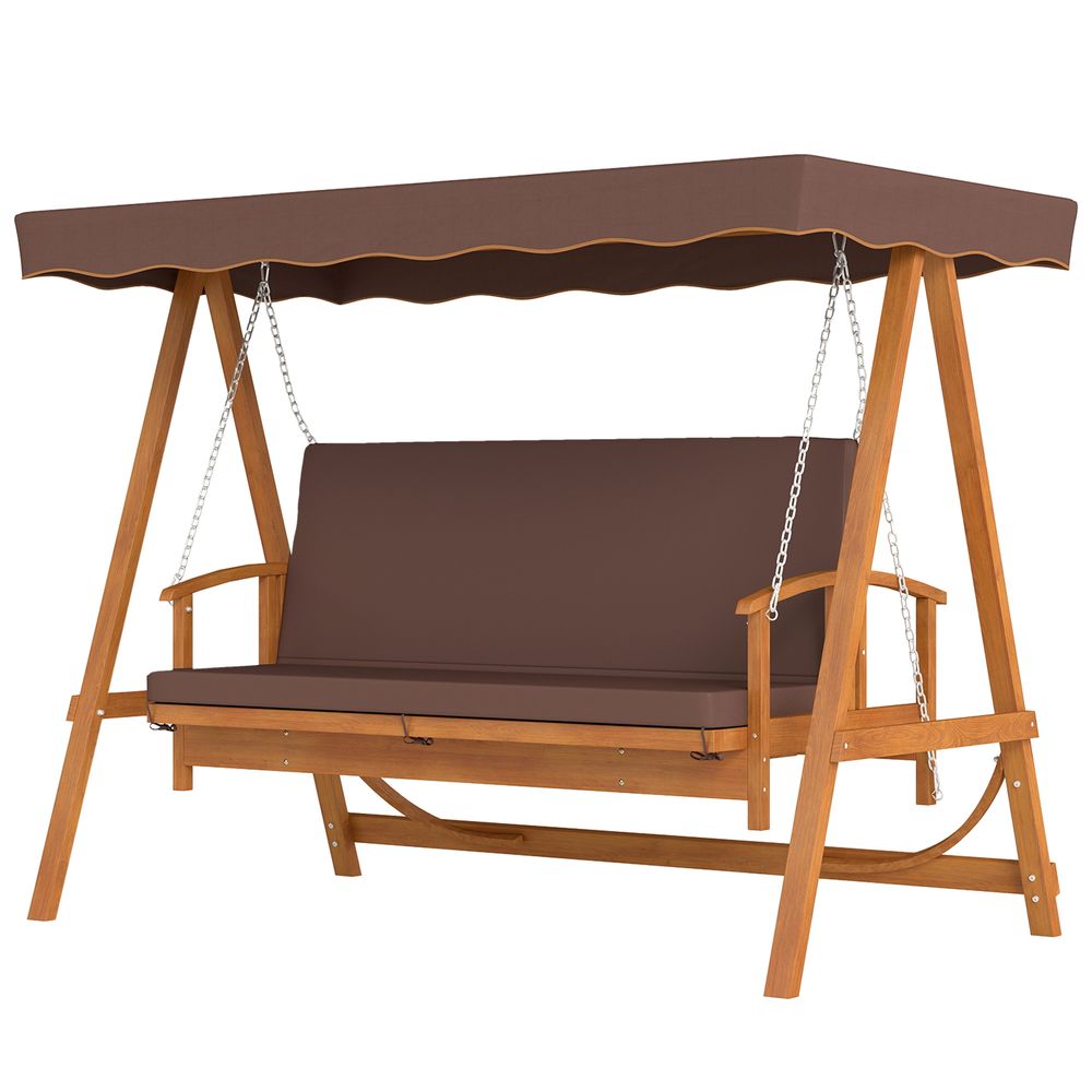 Balançoire jardin 3 places bois massif auvent solaire confortable couleur marron