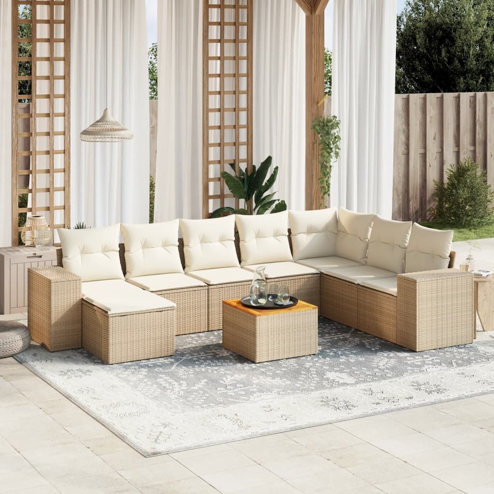 Salon de jardin avec coussins 9 pcs beige résine tressée
