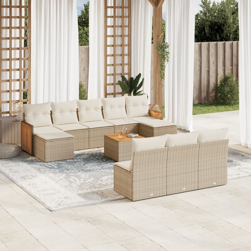 Salon de jardin 11 pcs avec coussins beige résine tressée