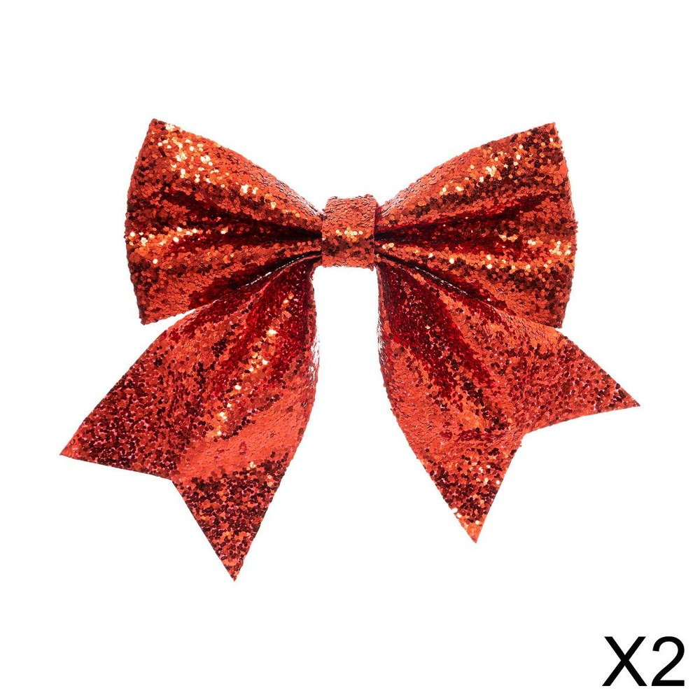 Lot de 2 décorations nœuds pailletés rouge 13x15cm