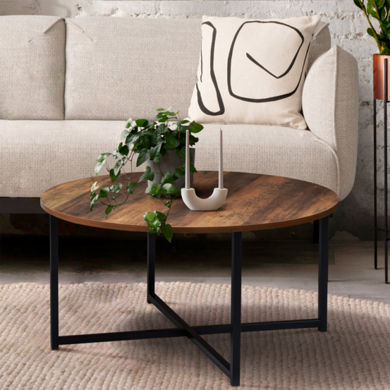 Table basse ronde hawkins 80 cm bois foncé design industriel