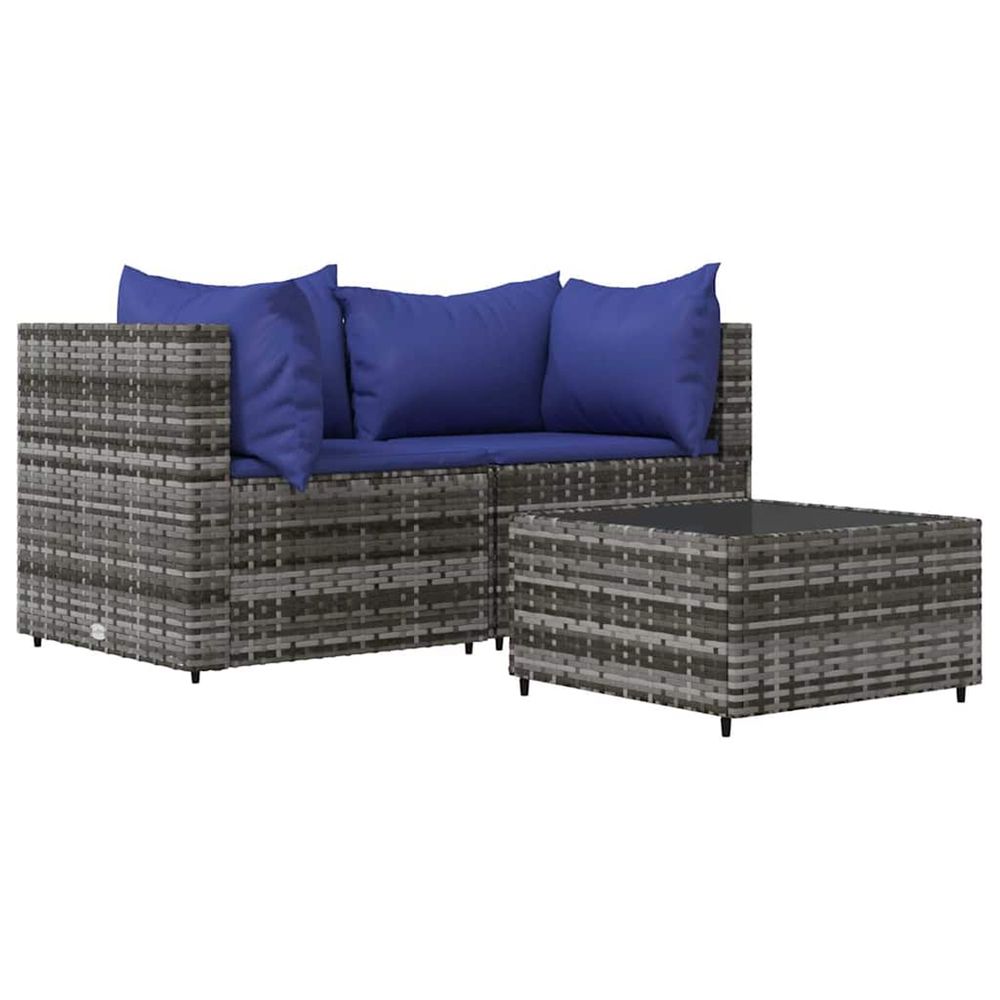 Salon de jardin 3 pcs avec coussins gris résine tressée