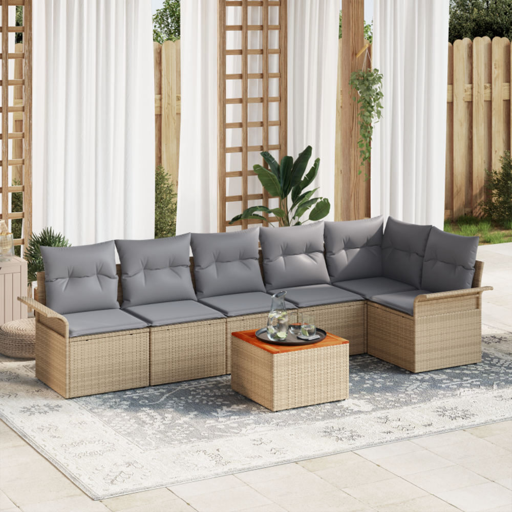 Set de canapé de jardin 7 pièces avec coussins beige poly rattan acacia