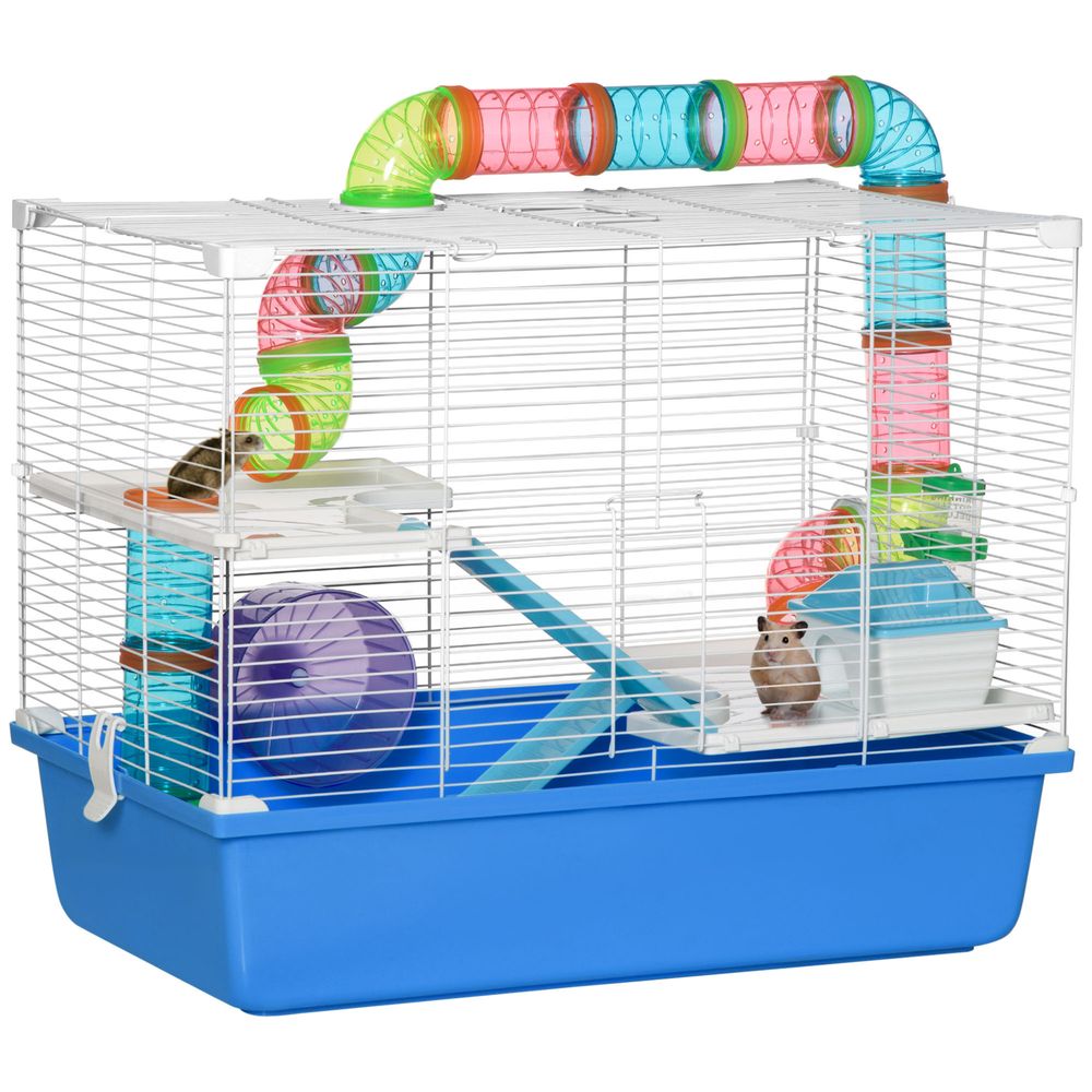 Cage acier pp hamsters 3 niveaux avec tubes et accessoires 59x36x47cm bleu