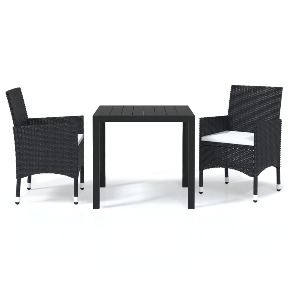 Ensemble à dîner de jardin avec coussins 3 pcs poly rotin noir