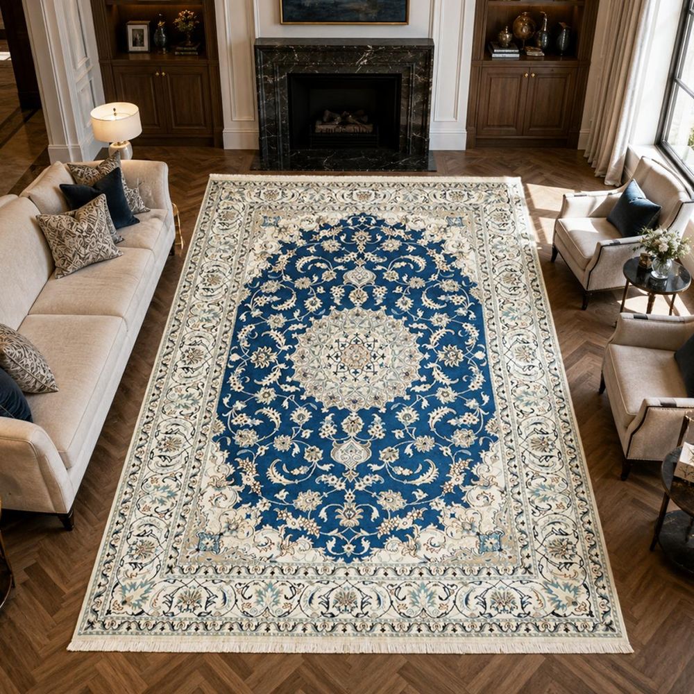 Tapis d'orient 203 x 294 cm, bleu, beige et crème, noué main, nain 13