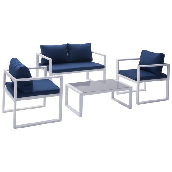 Salon de jardin ibiza en tissu bleu 4 places - aluminium blanc
