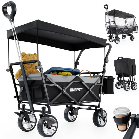 Chariot à bras chariot de transport pliable avec toit et housse amovible inclus sac isotherme noir