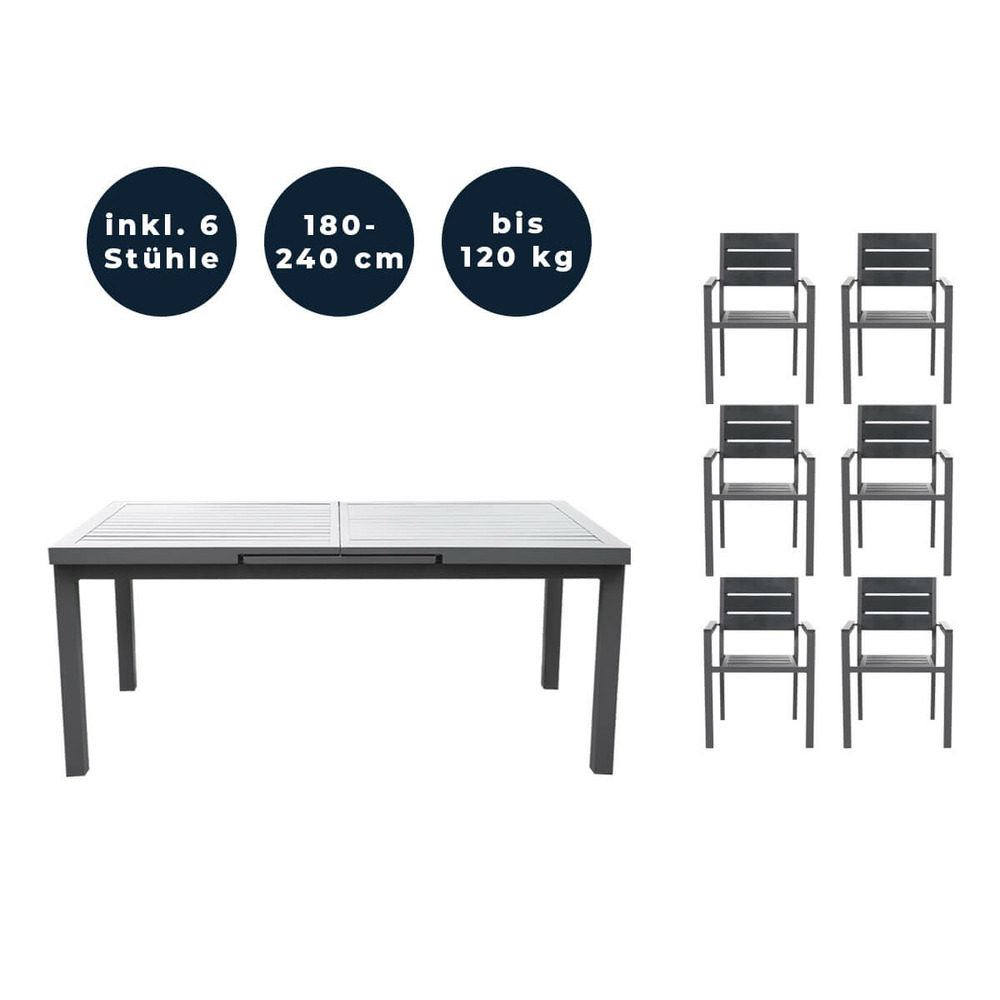 Home deluxe - table de jardin extensible - calido - env. 180 (240) x 97,5 x 76,5 cm - avec 6 chaises, structure en aluminium,