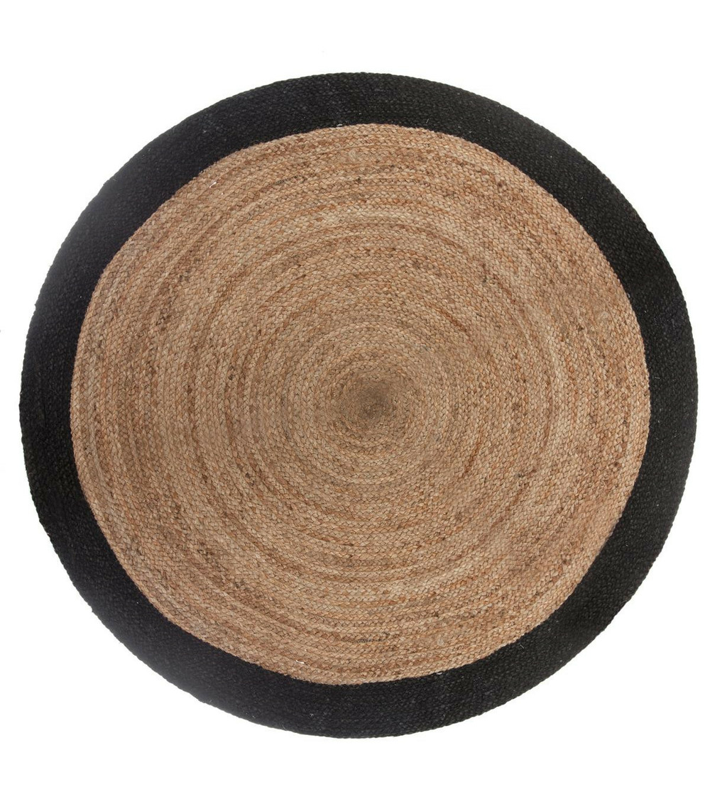 Tapis rond en jute et bord en noir vieilli d 120 cm