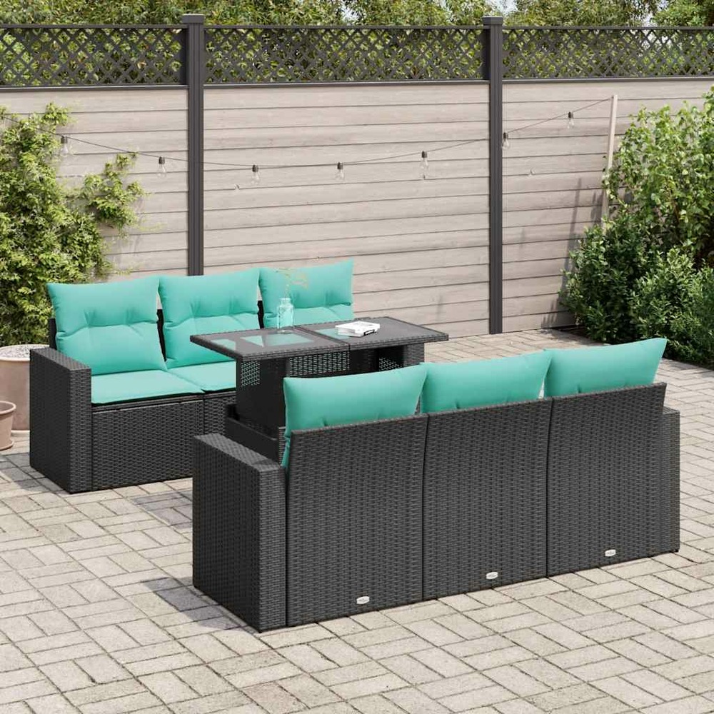 Salon de jardin avec coussins 7 pcs noir résine tressée acacia