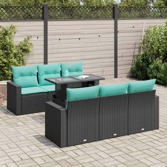 Salon de jardin avec coussins 7 pcs noir résine tressée acacia