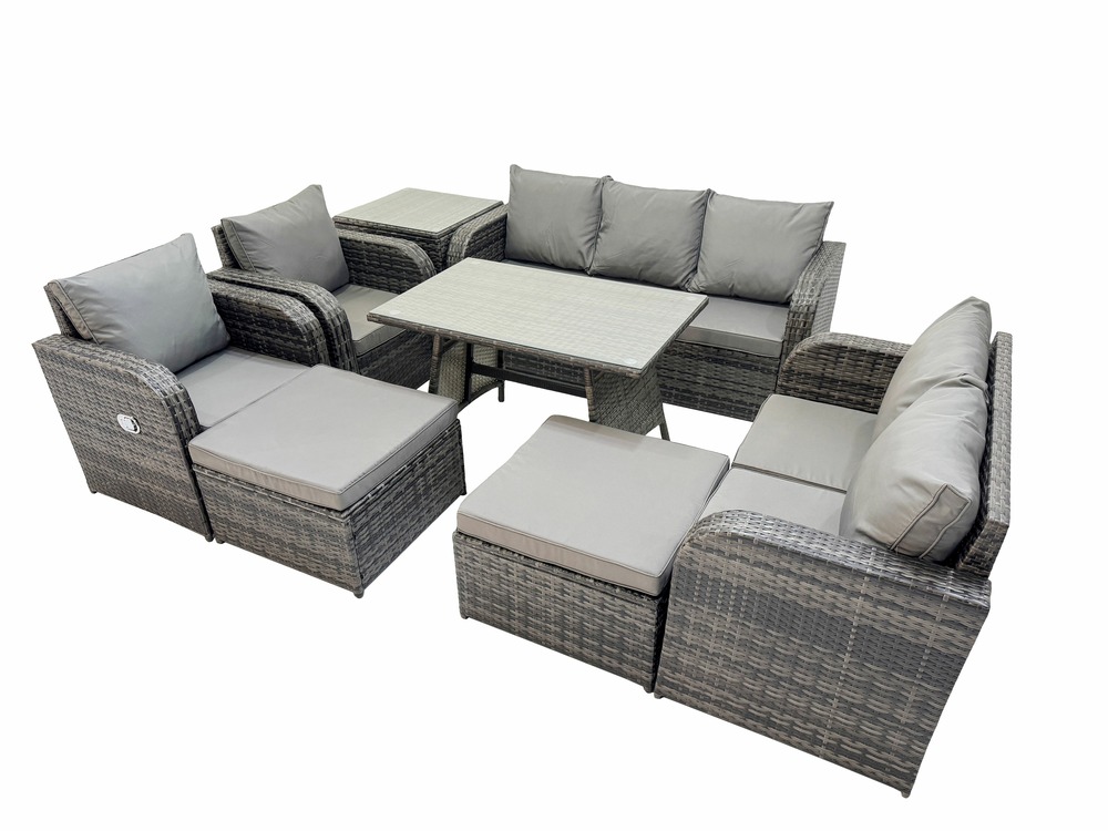 Salon de jardin exterieur 9 places ensemble de canapés en rotin avec table à manger 2 grand tabourets table d'appoint