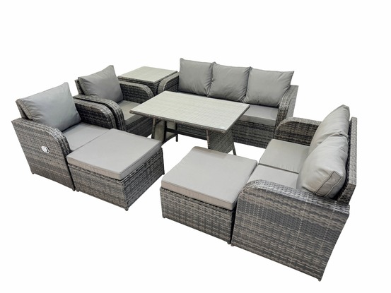 Salon de jardin exterieur 9 places ensemble de canapés en rotin avec table à manger 2 grand tabourets table d'appoint