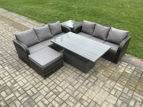 Mobilier à dîner de jardin 7 places ave table à manger réglable en hauteur canapé 3 places tabourets table d'appoint