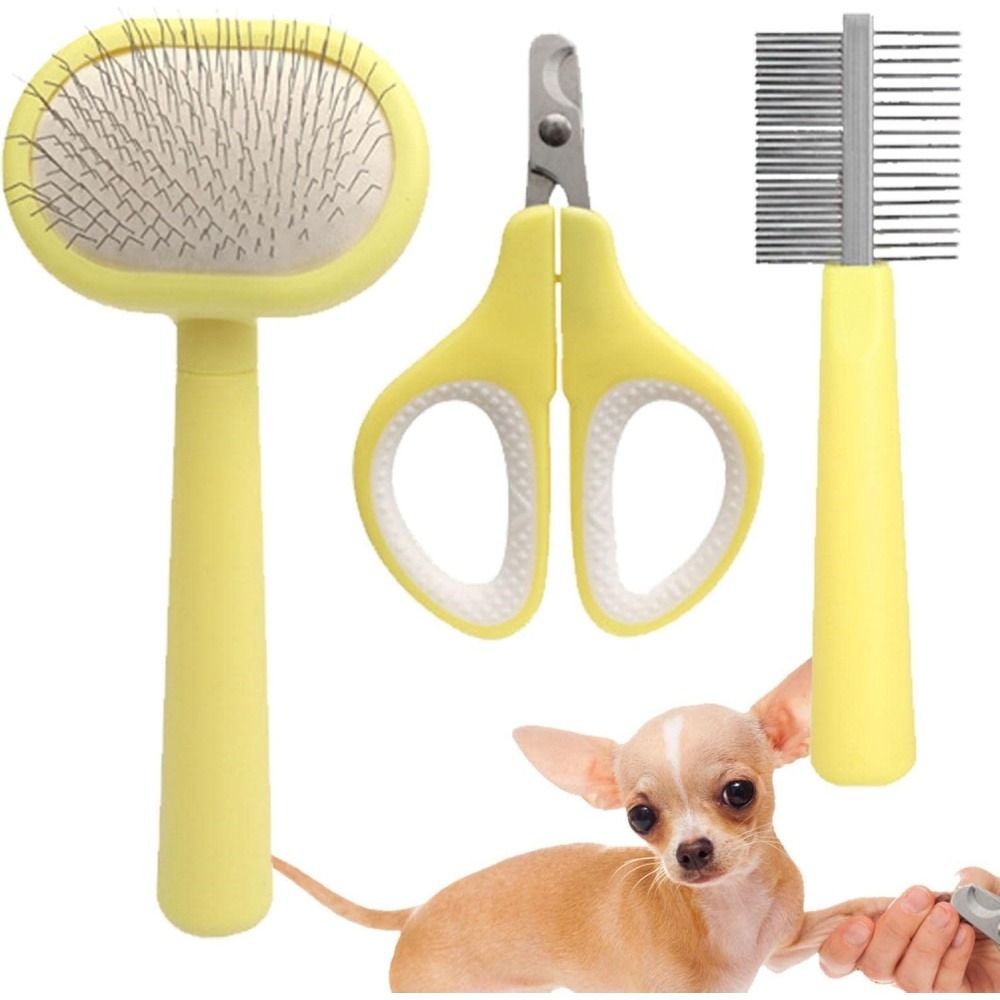 Brosse de toilettage pour chien et chat ensemble trois pièces- jaune