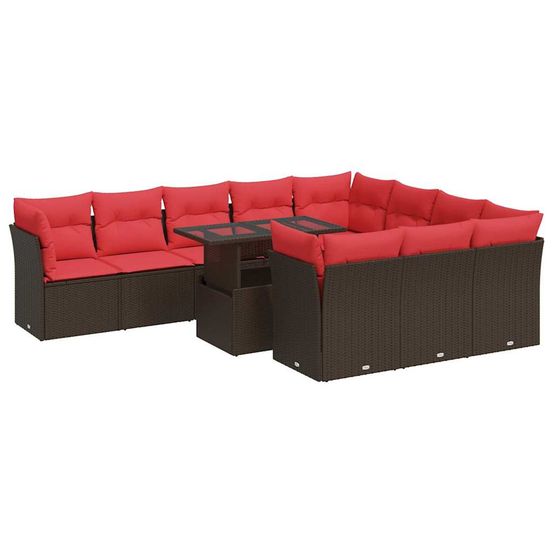 Salon de jardin et coussins 11 pcs marron résine tressée acacia