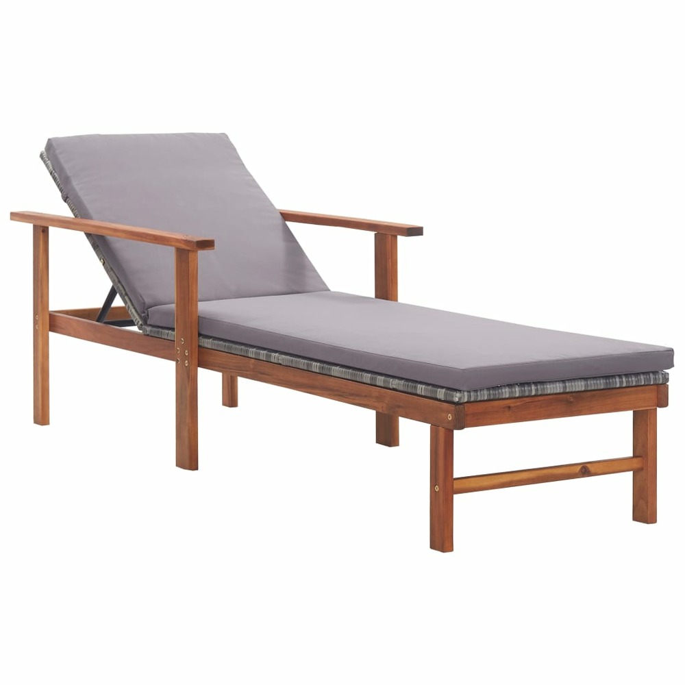 Transat chaise longue bain de soleil lit de jardin terrasse meuble d'extérieur et coussin résine tressée et bois d'acacia gri