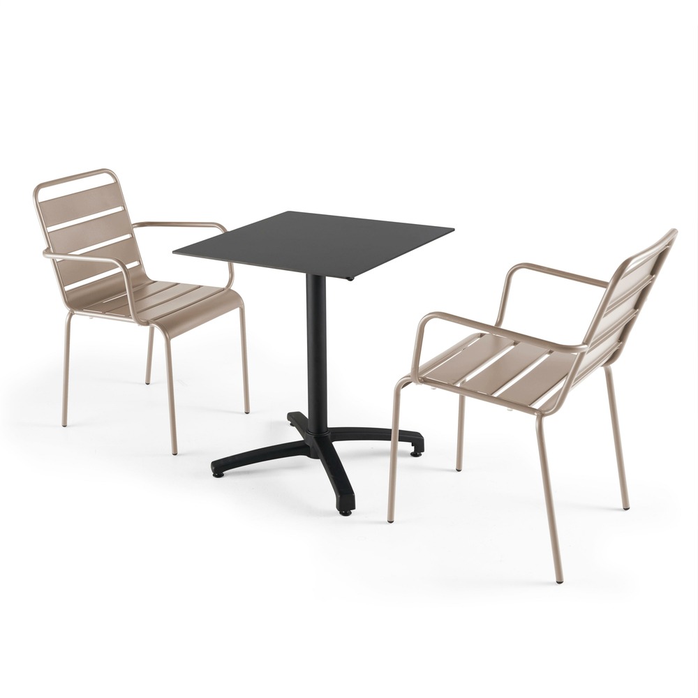 Ensemble table 60 cm noir et 2 fauteuils en métal taupe