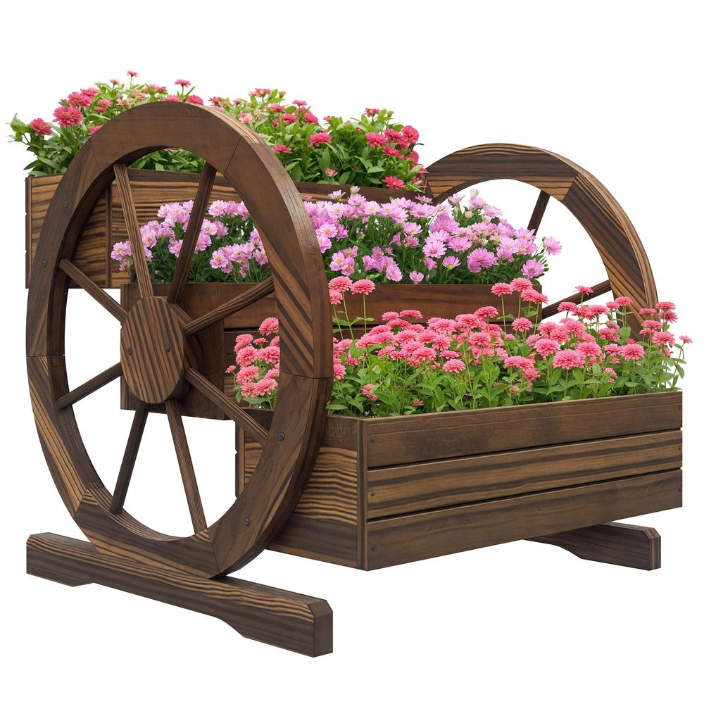 Jardinière escalier bois jardin 3 niveaux roues décoratives rustique 62x61x57cm marron