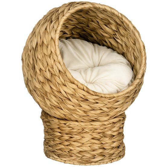 Panier lit chat feuilles de bananier intérieur nid grotte coussin beige 40x37x51cm