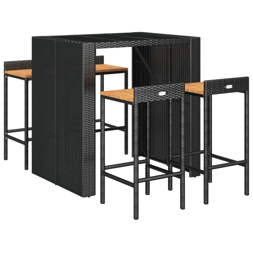 Ensemble de bar de jardin meuble extérieur terrasse 5 pièces noir poly rotin/bois massif acacia