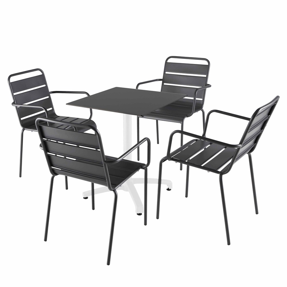 Ensemble table 60 cm noir et 4 chaises en métal gris