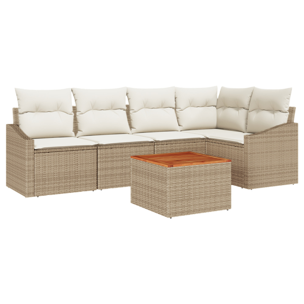 Ensemble de canapé de jardin 6 pièces avec coussins beige poly rattan acacia