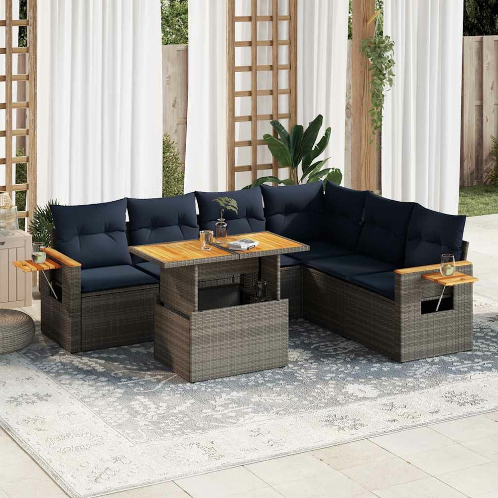 Salon de jardin avec coussins 7 pcs gris résine tressée acacia