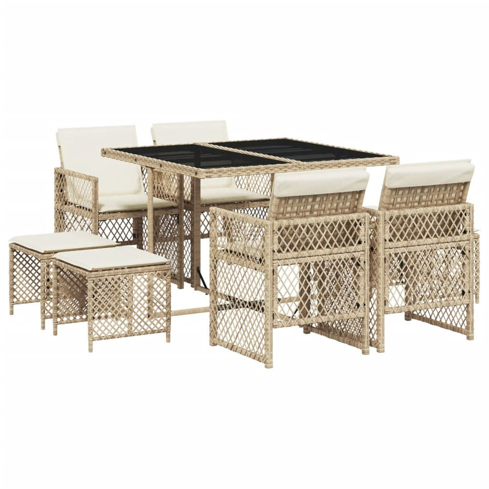 Ensemble à manger de jardin et coussins 9 pcs beige poly rotin