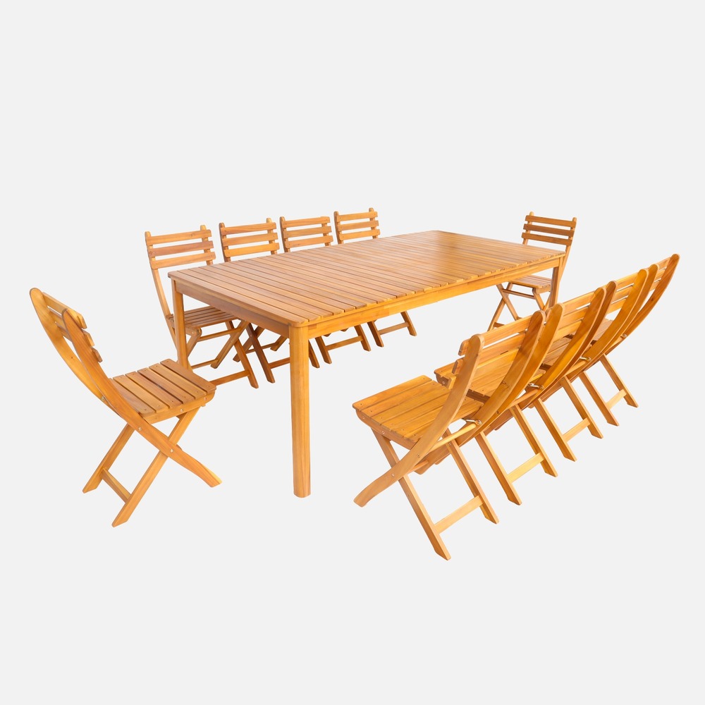 Table de jardin acacia avec coins arrondis, 10 chaises, 200 x 100 x 75 cm