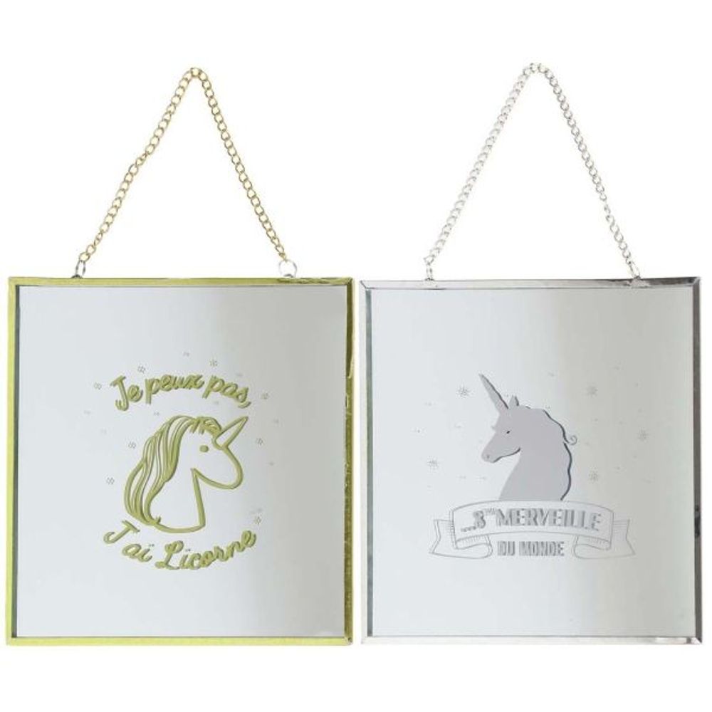 Miroir carré avec chainette licorne (lot de 2)