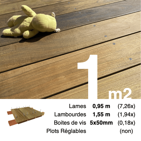 Kit terrasse bois exotique ipe pour 1 m², lames 0,95 m, lambourdes 1,55 m et visserie inox.