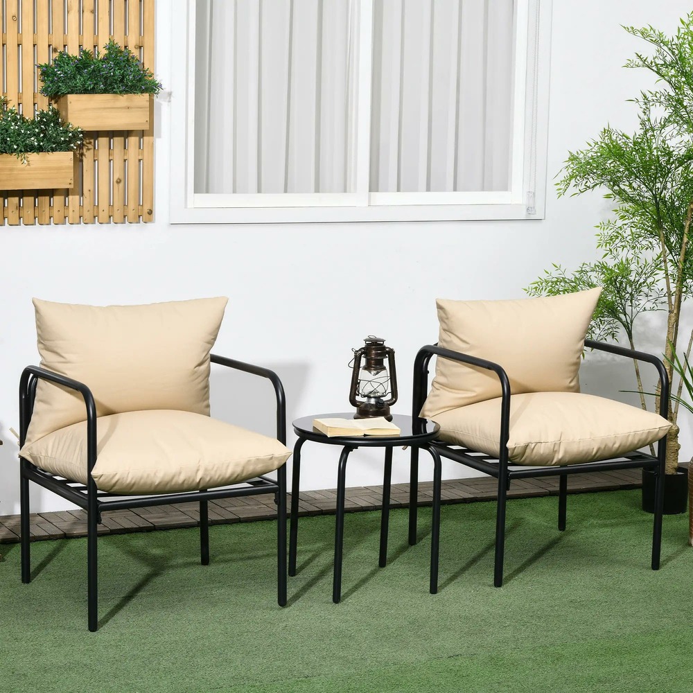 Ensemble salon de jardin 3 pièces 2 personnes avec 2 fauteuils et 1 table basse ronde, métal, noir et beige