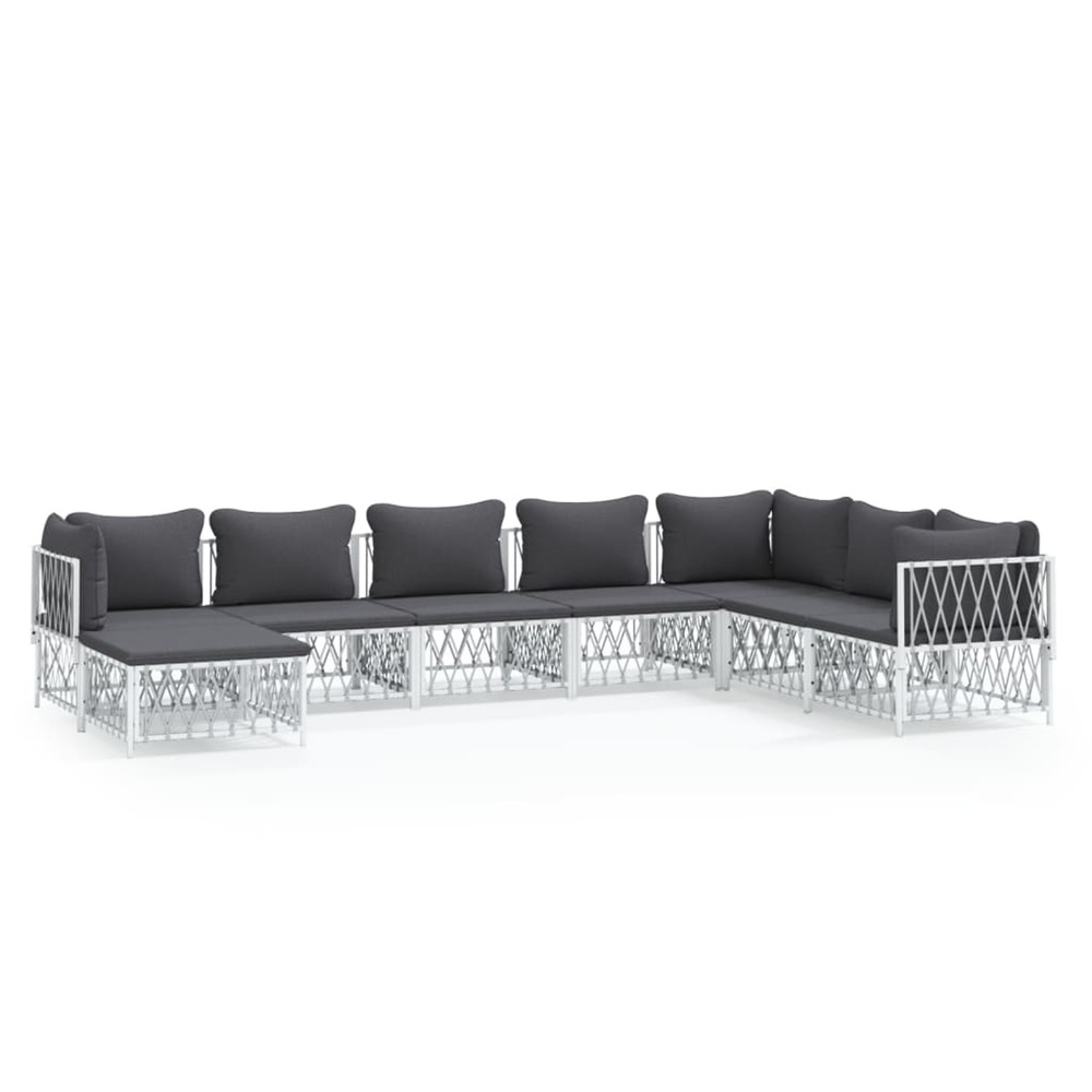 Salon de jardin 8 pcs avec coussins blanc acier
