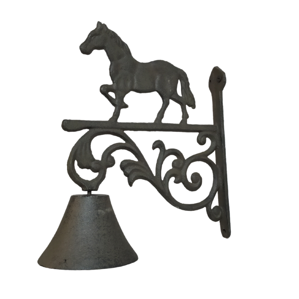 Cloche de jardin de porte ancienne cheval fonte marron 23x26cm