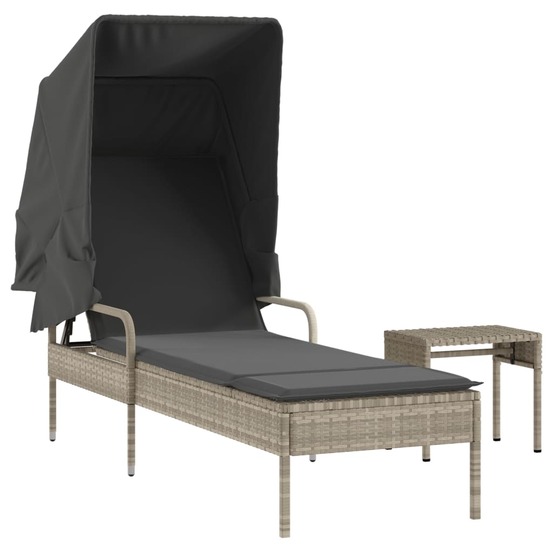 Chaise longue avec auvent et table gris clair résine tressée