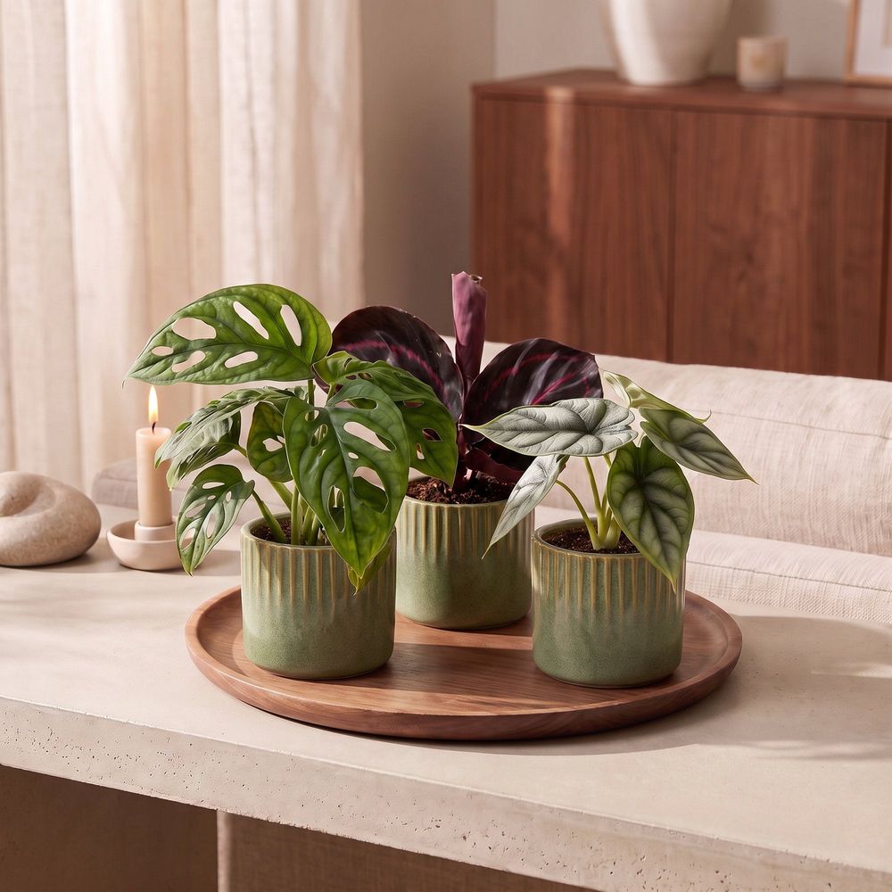 Lot de bébés plantes tropicales : alocasia, calathea et monstera - pot de 6cm - plantes d'intérieur - miel - lot de 3