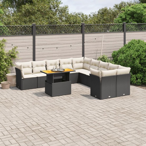Salon de jardin 11 pcs avec coussins noir résine tressée