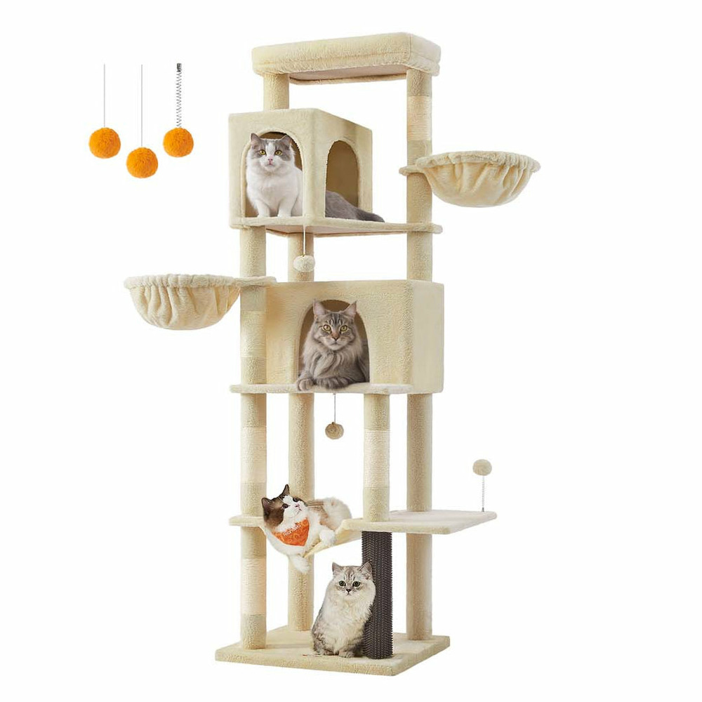 Arbre à chat tour à chat de 175 cm de haut abri à chat multi-niveaux avec 2 niches 2 paniers 5 griffoirs toilettage autonome
