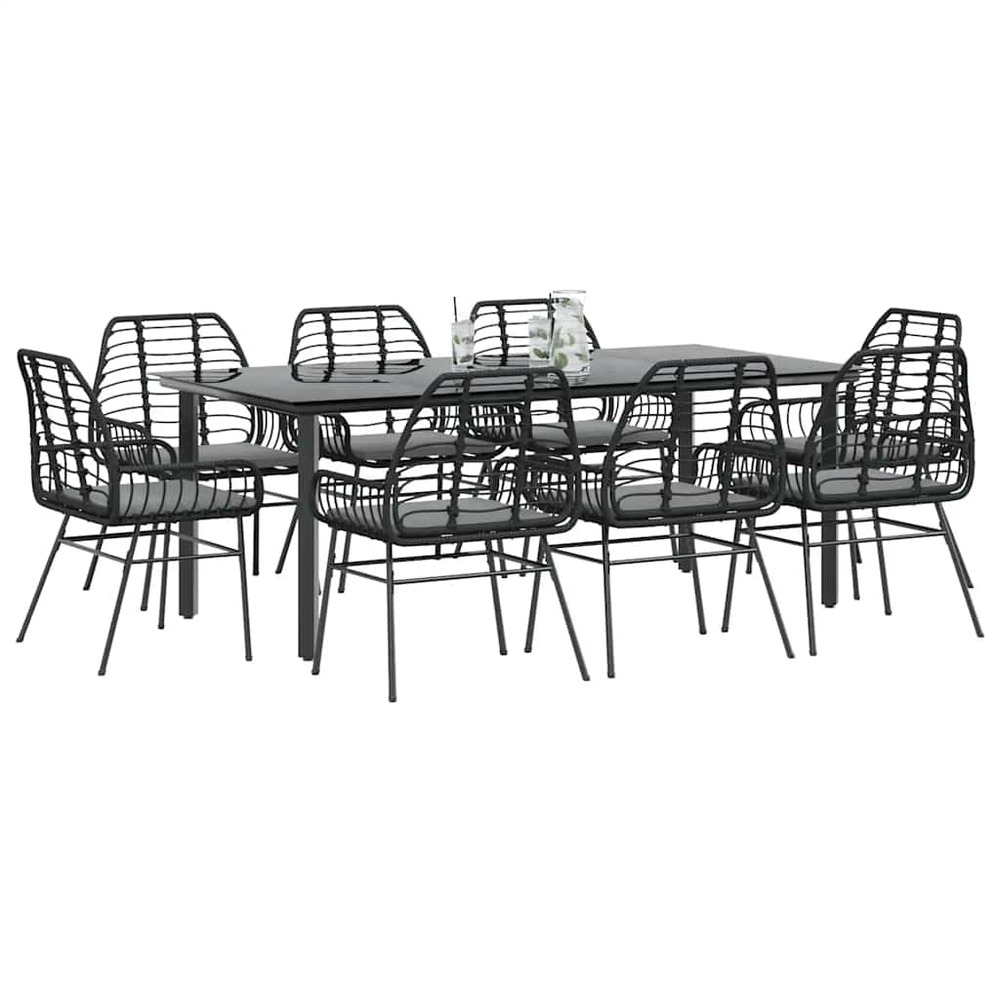Ensemble à manger de jardin coussins 9pcs noir poly rotin verre